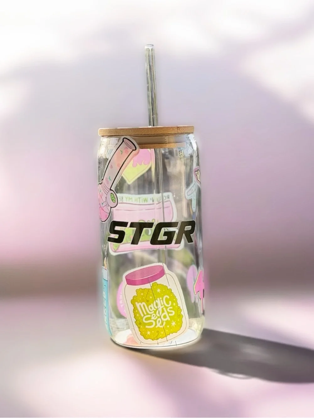 Clear Party Drink Jar with Pink Accents and Straw